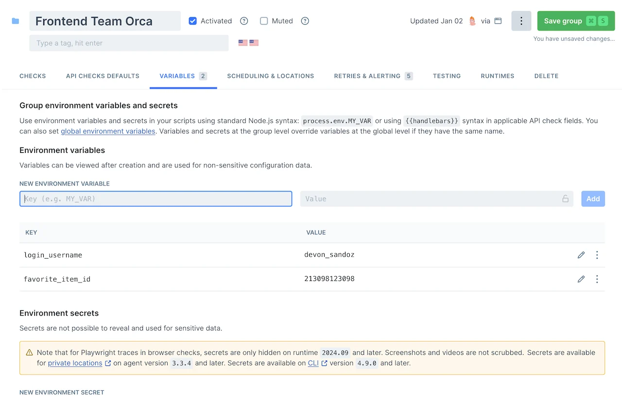 Setting variables that will be available to every check in this group the Checkly Web UI with settings for a group, displaying variables