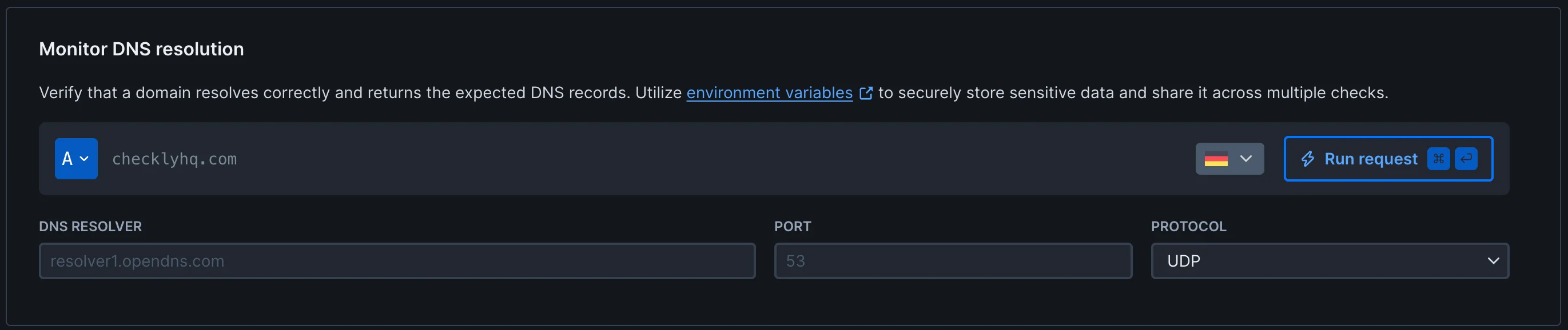 DNS monitor setup interface showing domain, record type, dns server and protocol