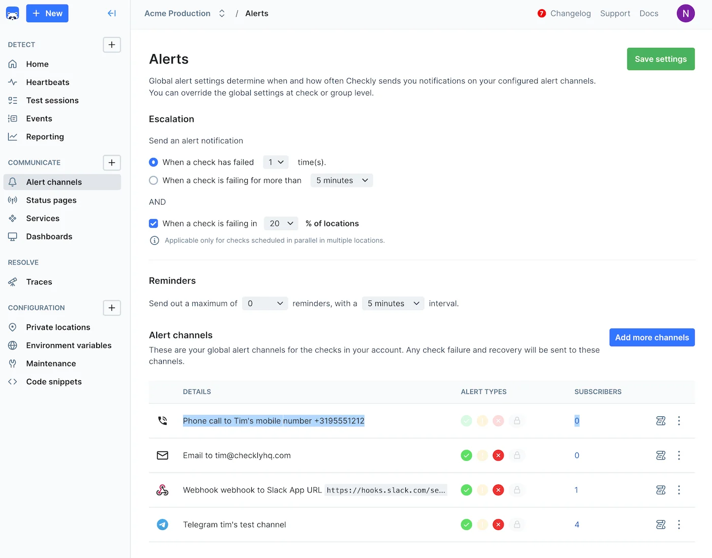 Account-level alert settings