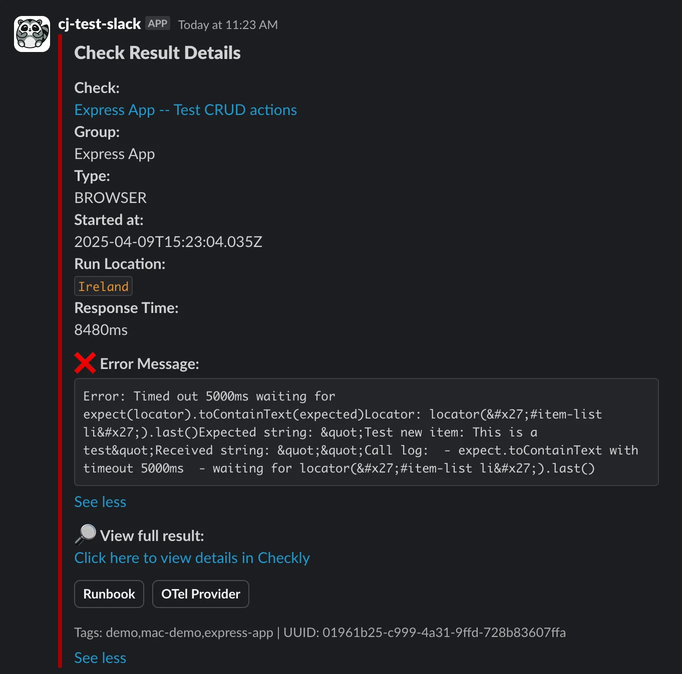 A customized slack message showing a failed alert