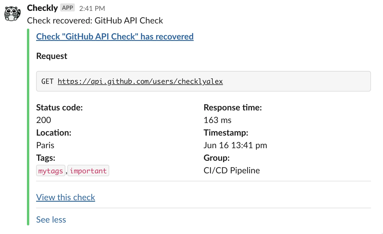 A slack message showing a recovered alert