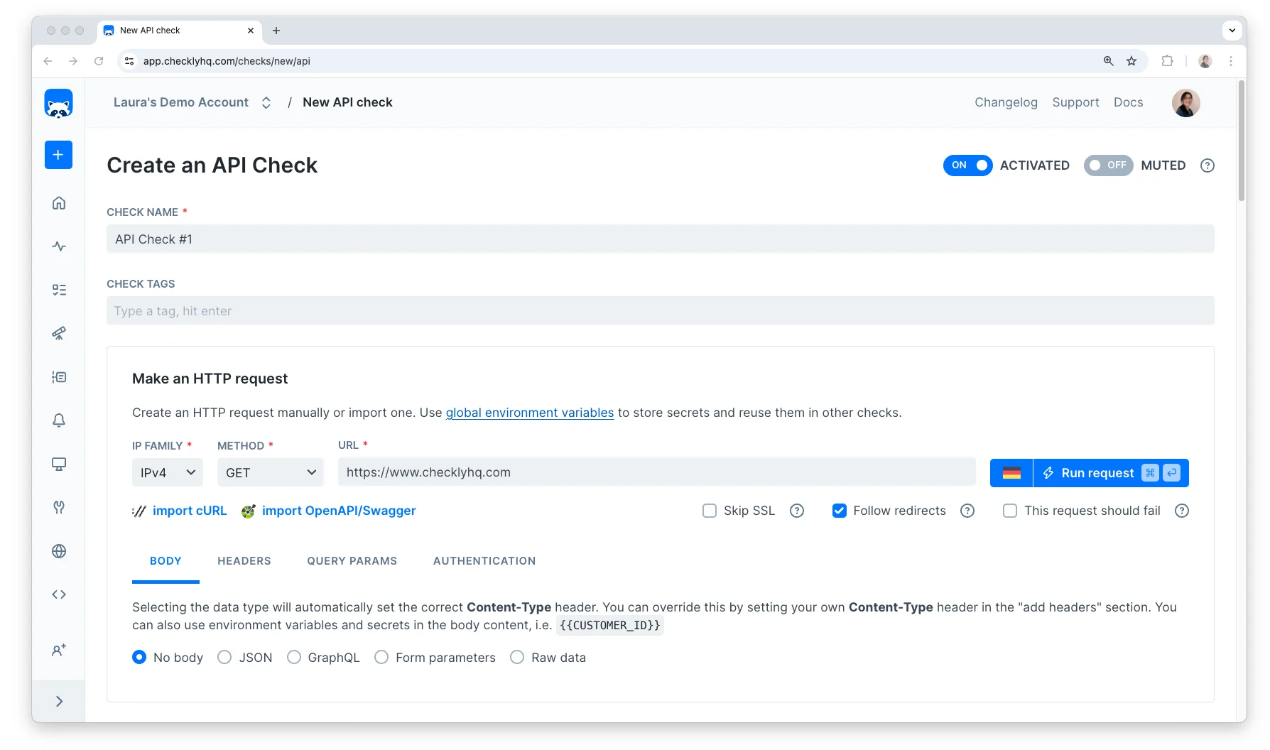 Screenshot of the create API check page