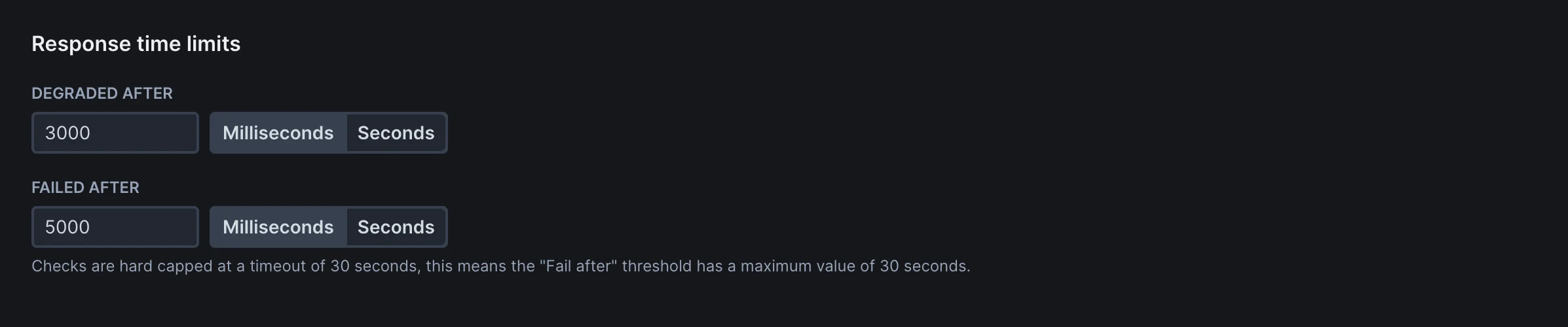 URL monitor response time limits interface showing degraded and failed thresholds