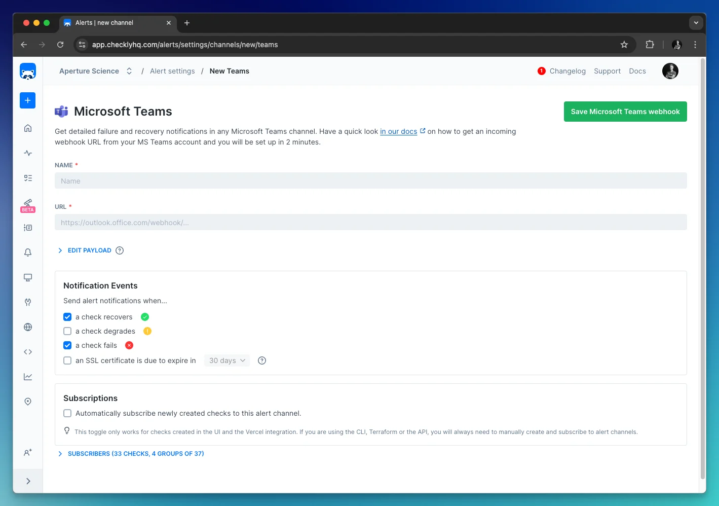 setup checkly msteams integration step 6