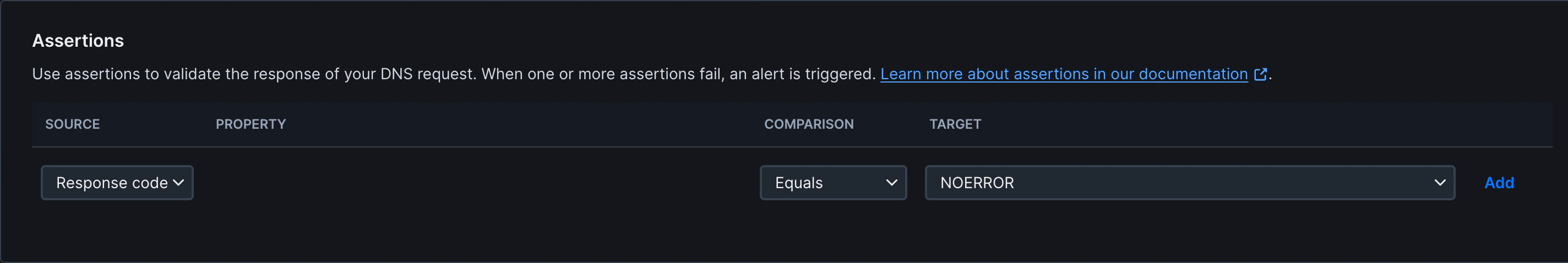 DNS monitor assertions and corresponding data fields