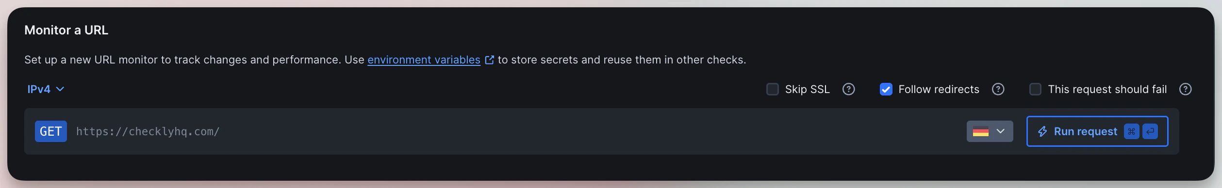 URL monitor setup interface showing HTTP method selection, URL input field, and options for Skip SSL and Follow redirects