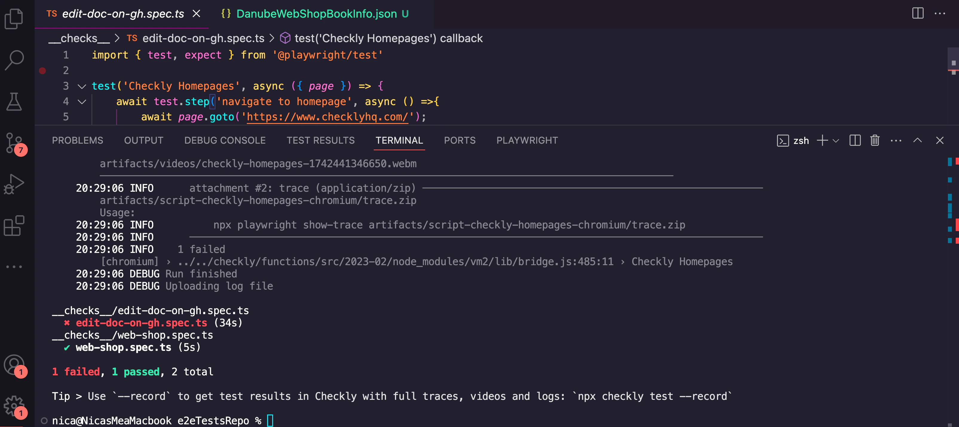 The Checkly CLI running playwright tests from the Checkly network