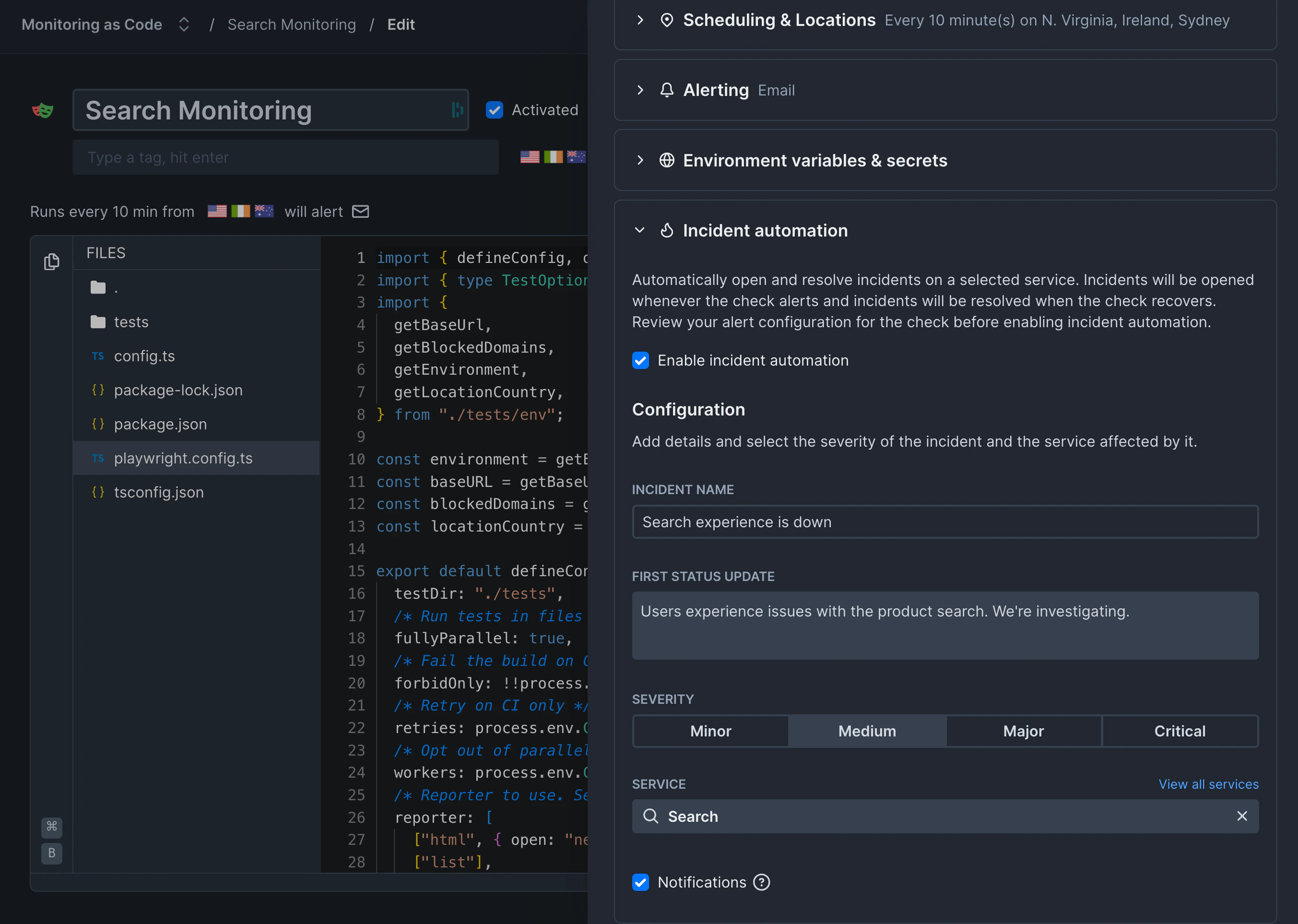 Incident automation configuration of a Playwright Check Suite