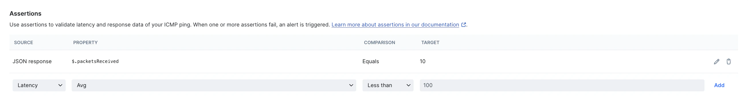 ICMP monitor assertion example for latency and JSON response