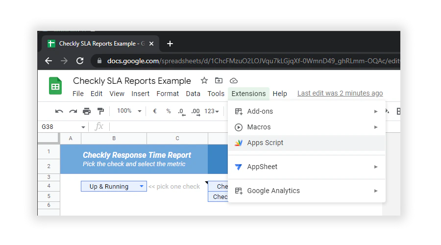 google sheets apps script menu