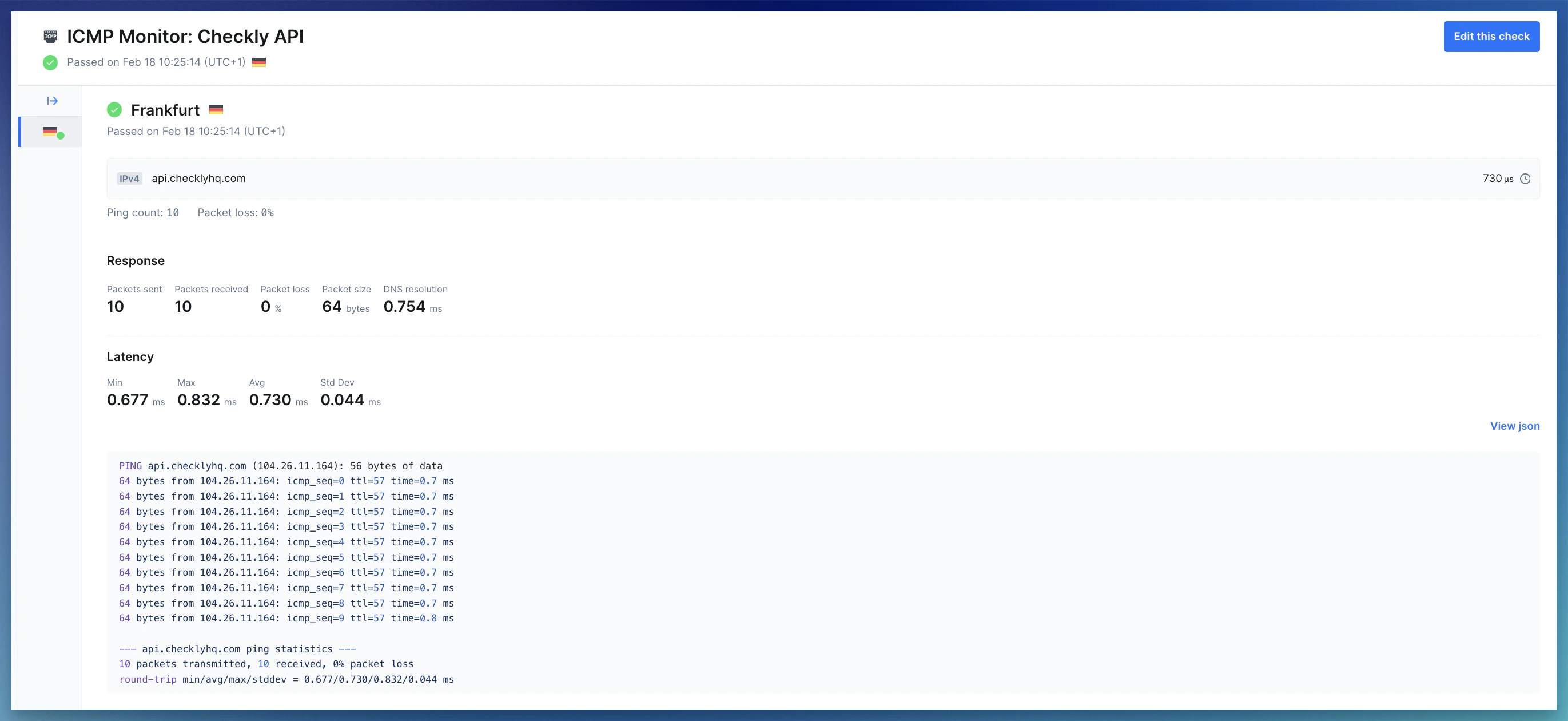 ICMP monitor results page