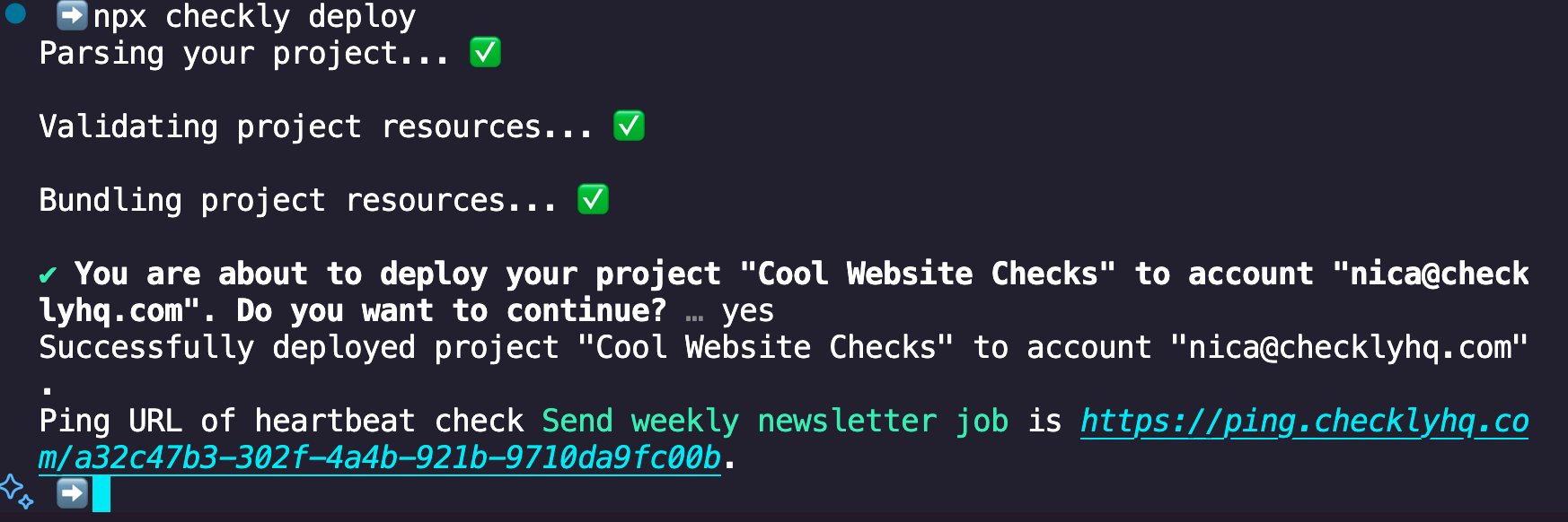 The Checkly deploy command returning to the CLI
