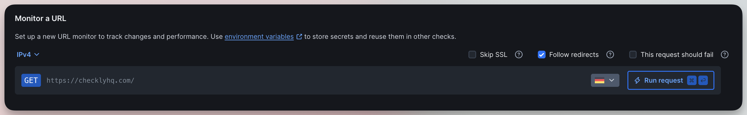 URL monitor setup interface showing HTTP method selection, URL input field, and options for Skip SSL and Follow redirects