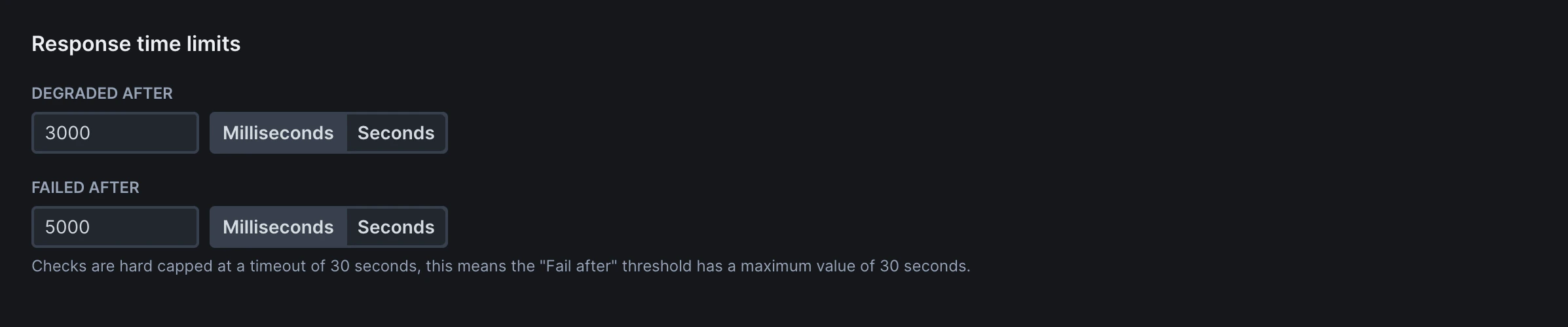 URL monitor response time limits interface showing degraded and failed thresholds