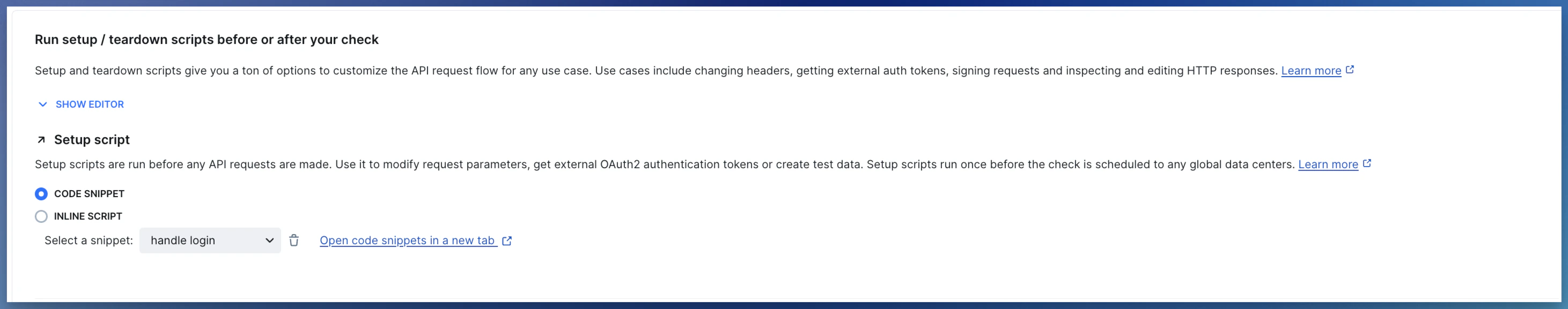 setup and teardown script for http requests with snippets