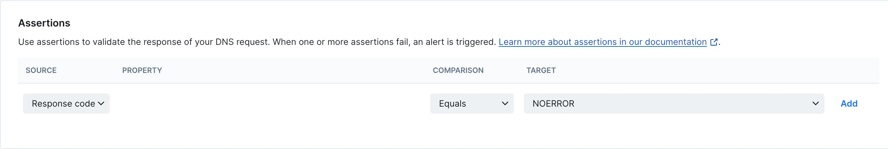 DNS monitor assertions and corresponding data fields