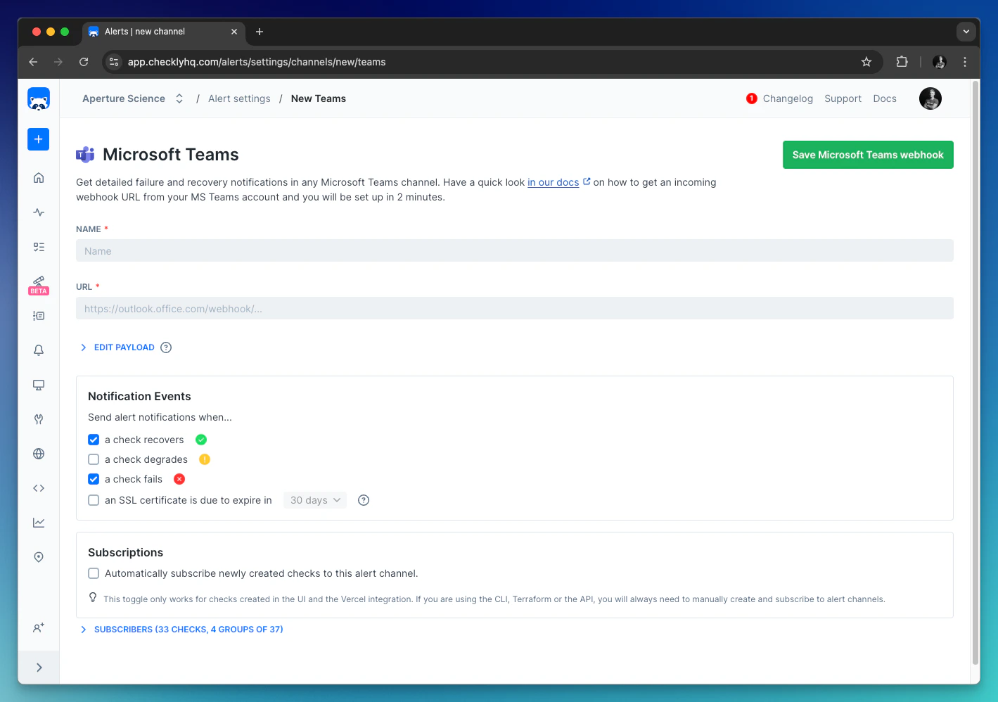 setup checkly msteams integration step 6