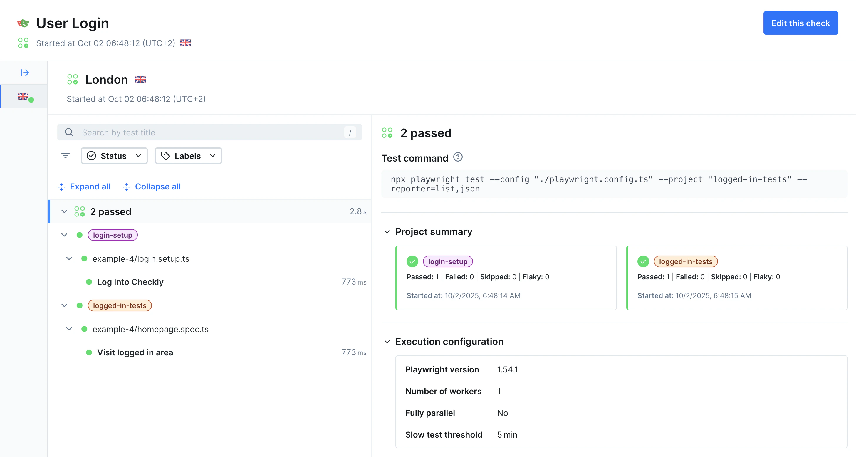 Playwright Check Suites test result