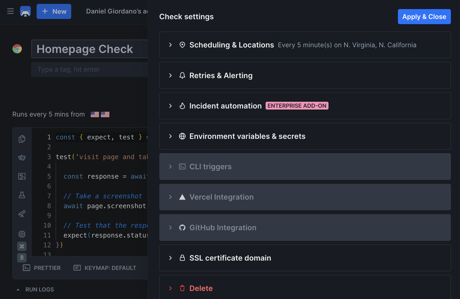 Browser check dashboard