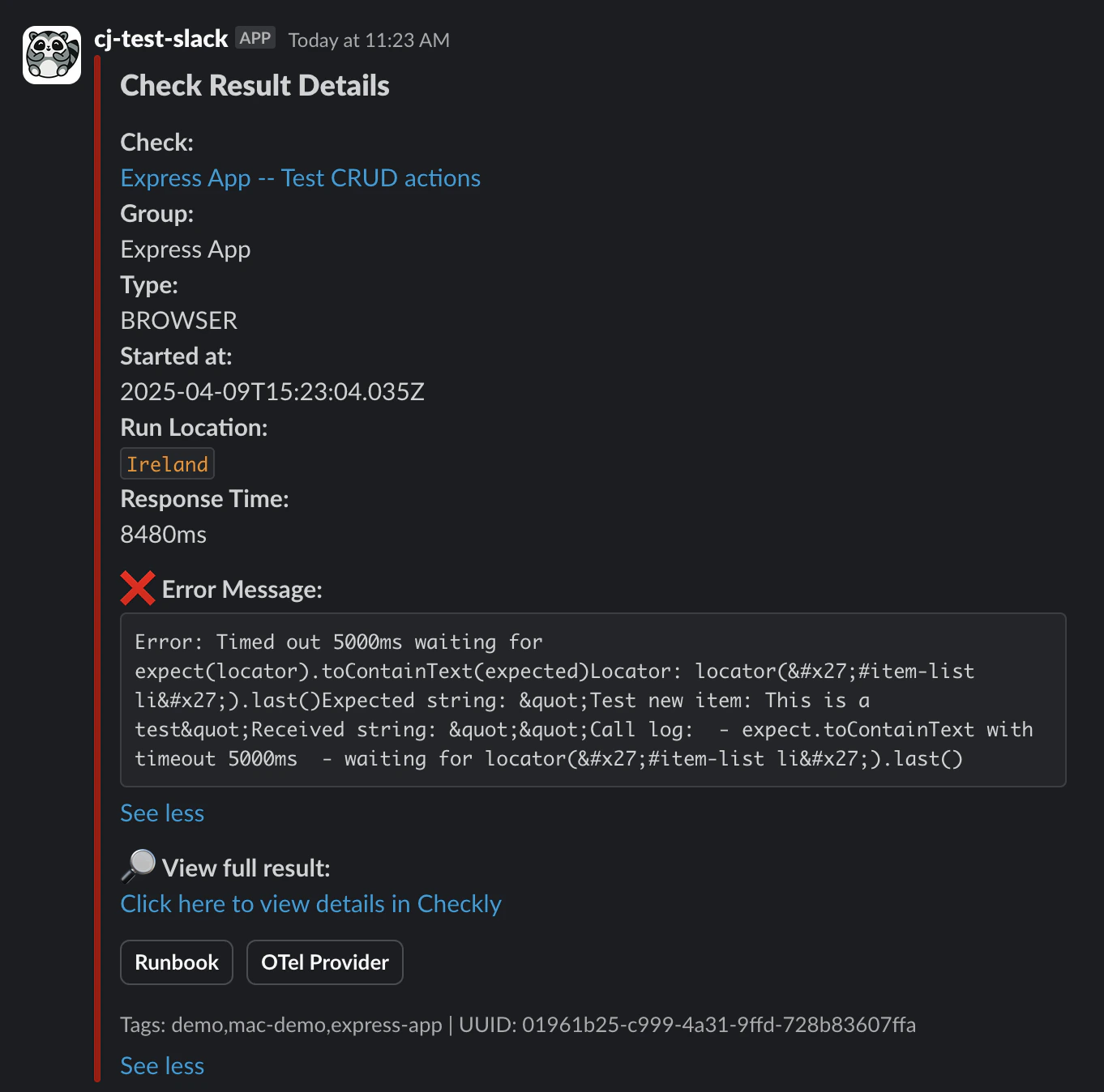 A customized slack message showing a failed alert