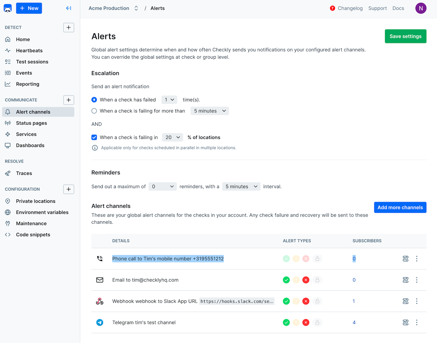 Account-level alert settings