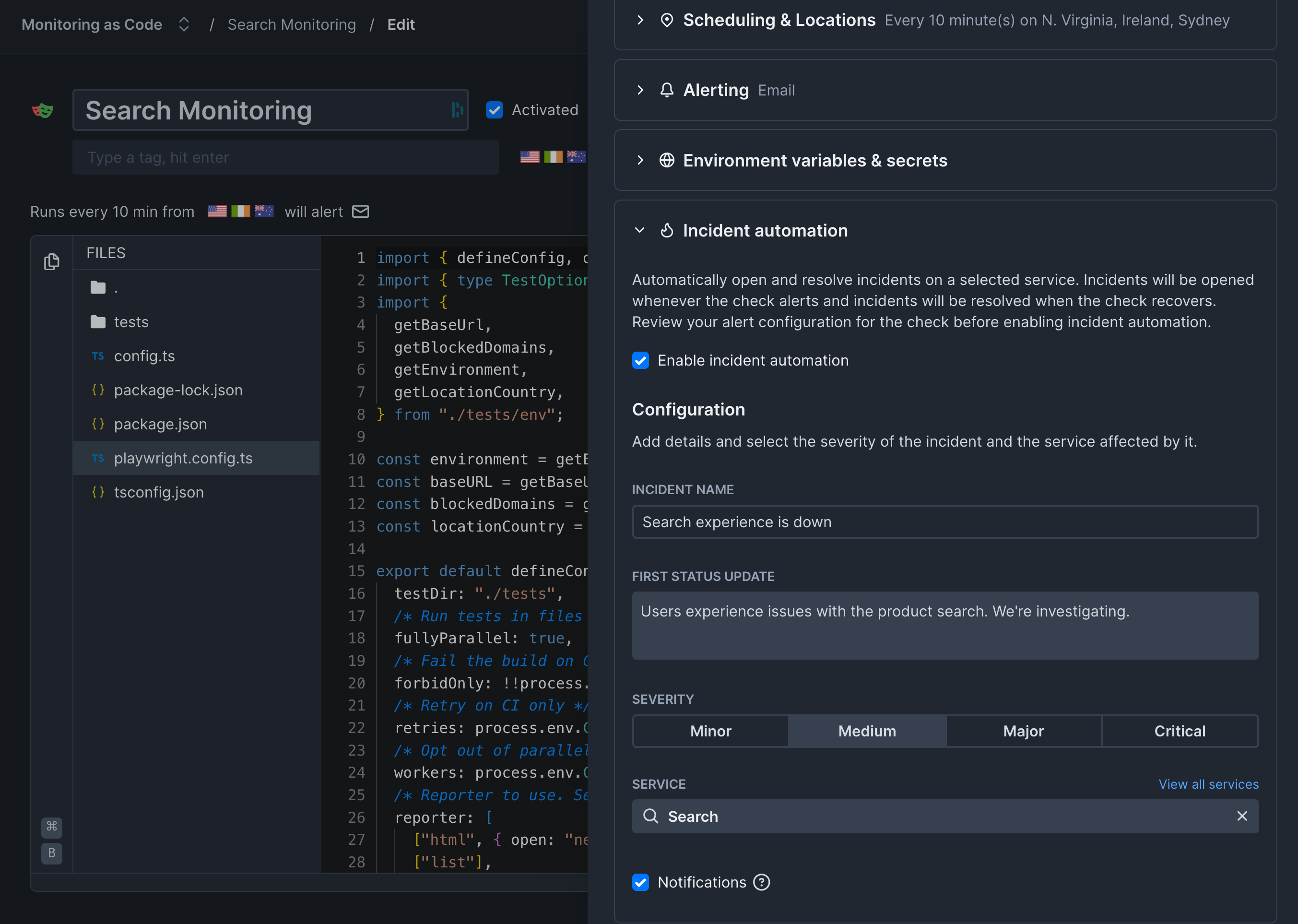 Incident automation configuration of a Playwright Check Suite
