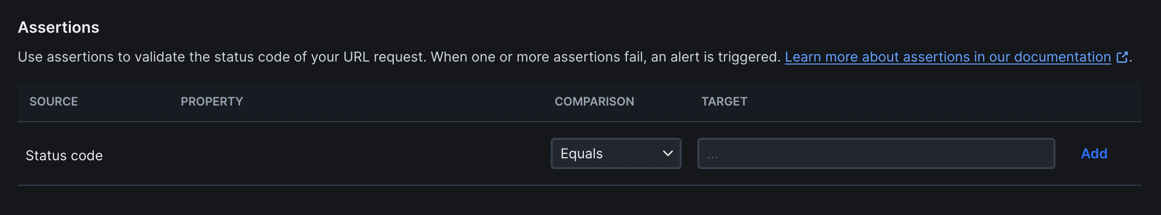 URL monitor assertions interface showing status code configuration