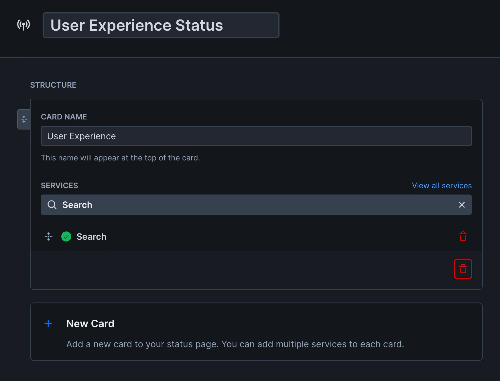 Status page connecting to user experience services