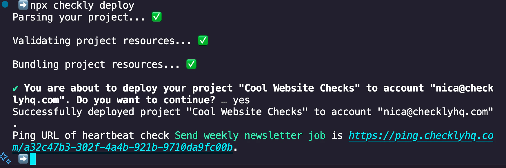 The Checkly deploy command returning to the CLI