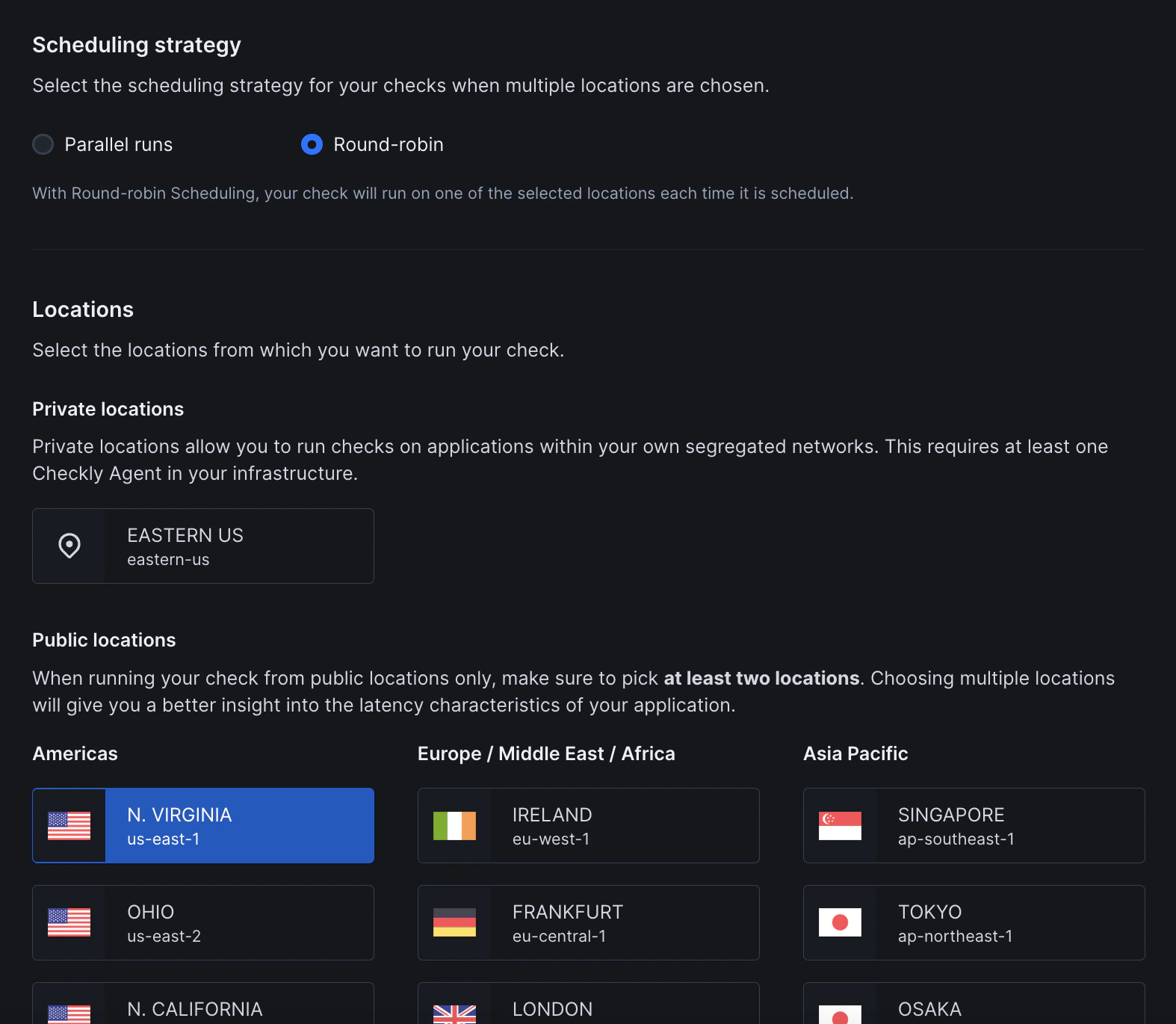 URL monitor scheduling strategy interface showing round robin vs fixed schedule options