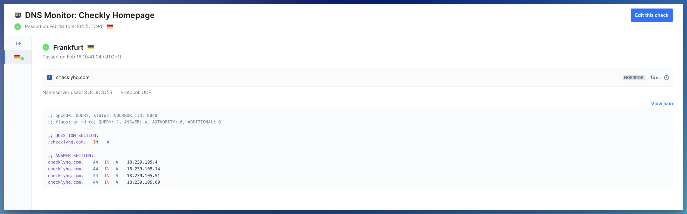 DNS monitor results page