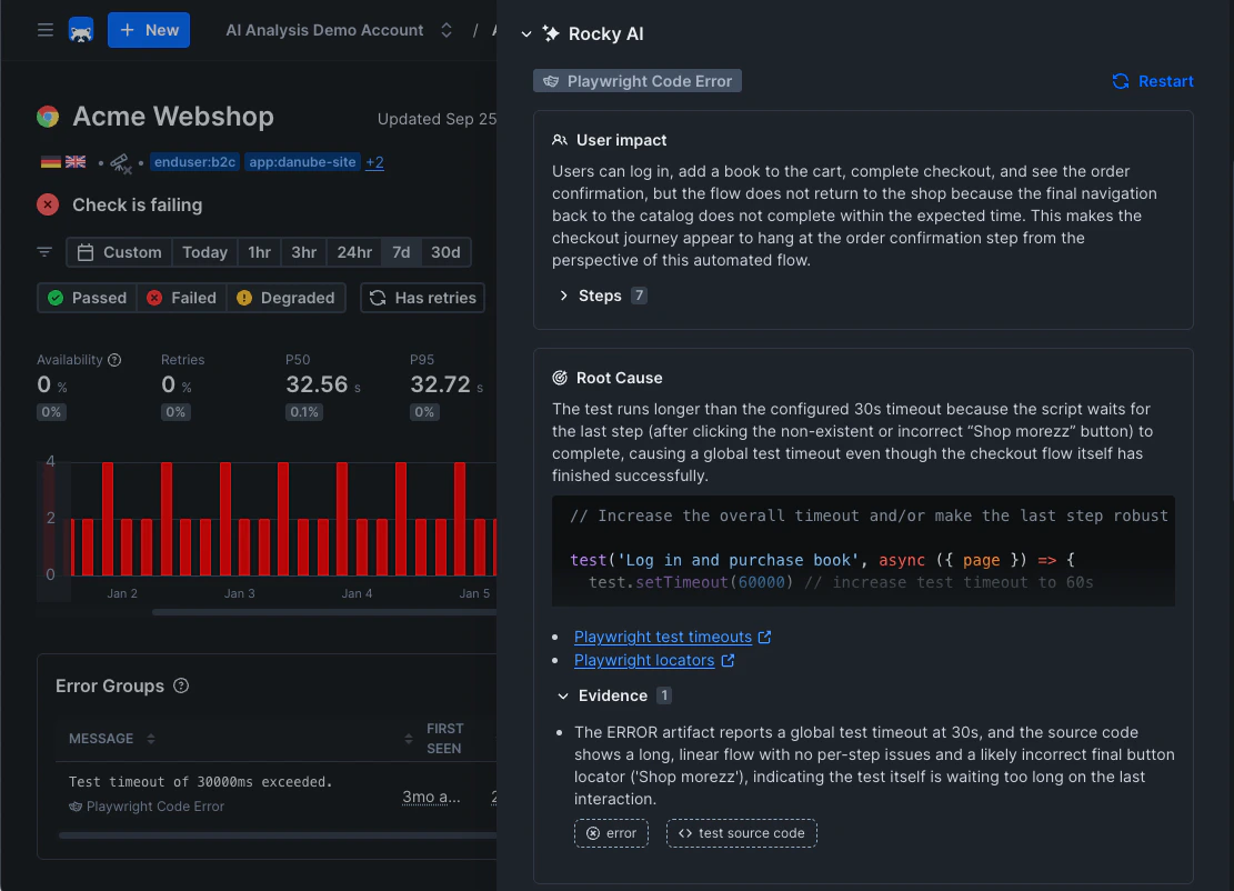 Dark mode Rocky AI Root Cause Analysis