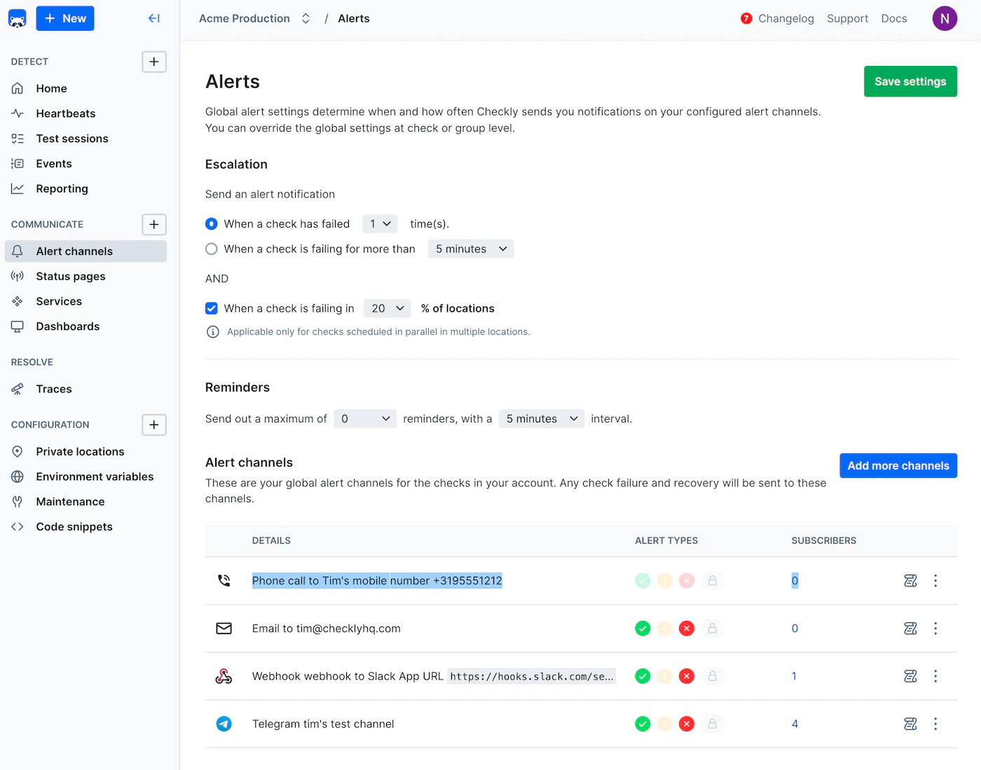 Account-level alert settings