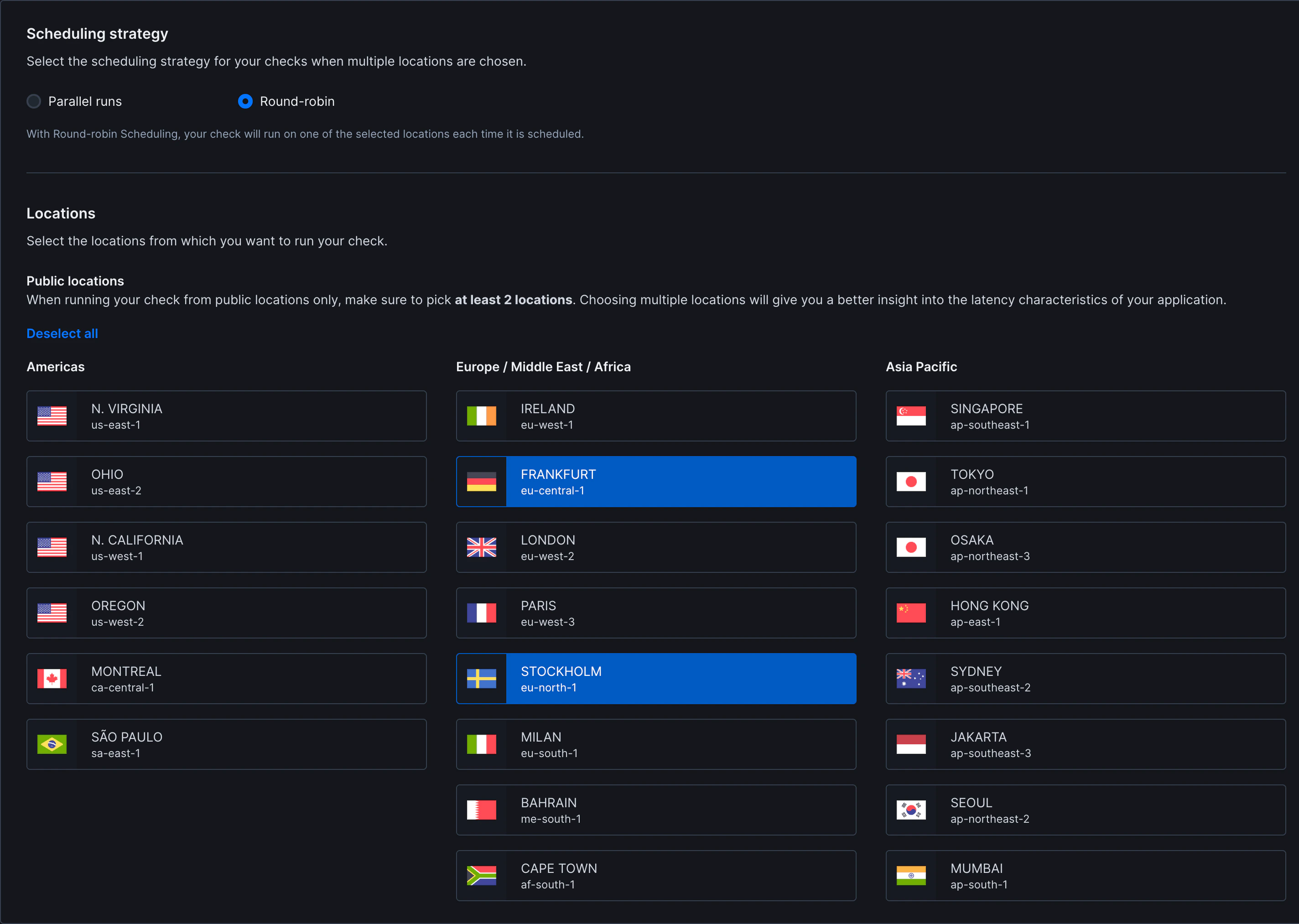 ICMP monitor scheduling strategy and location selection interface