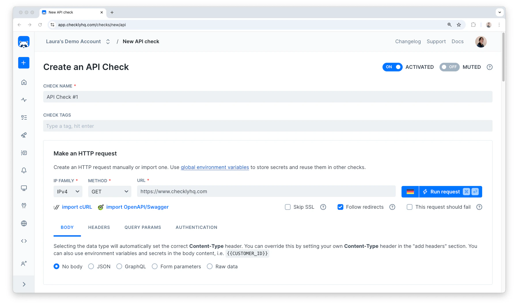 Screenshot of the create API check page