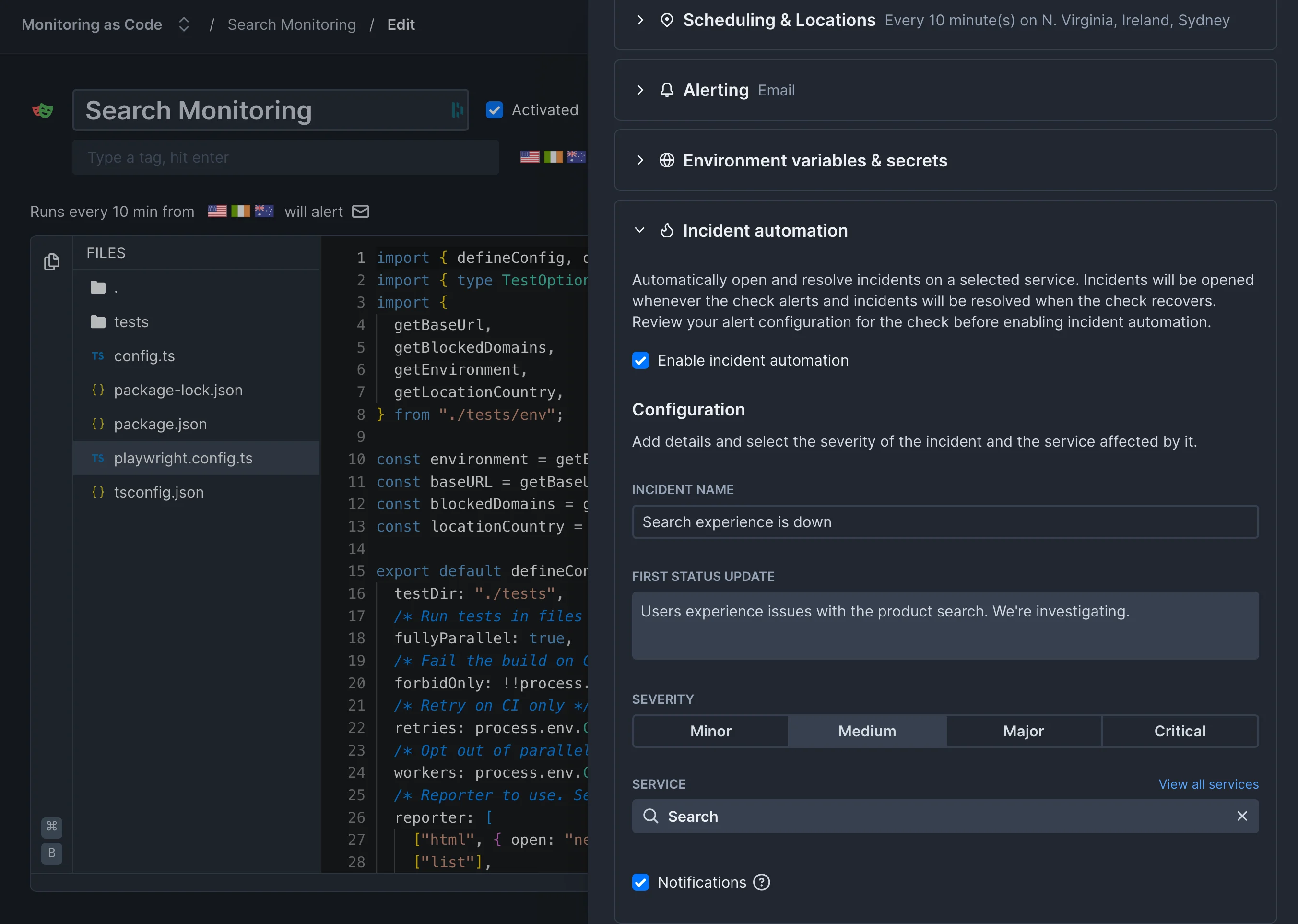 Incident automation configuration of a Playwright Check Suite
