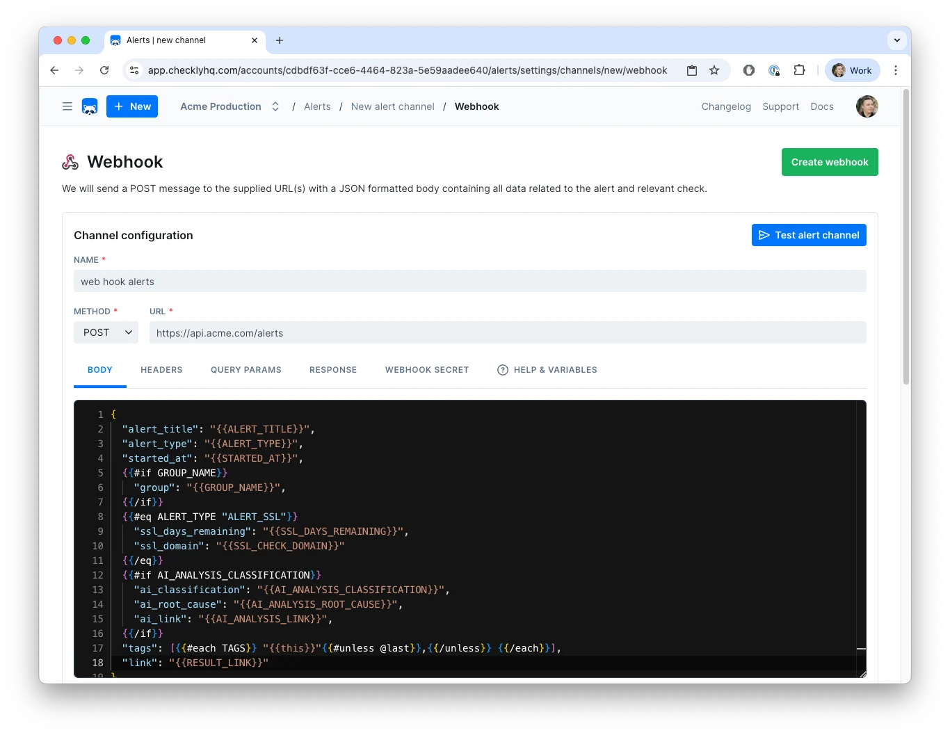 Checkly Webhook Alert Channel