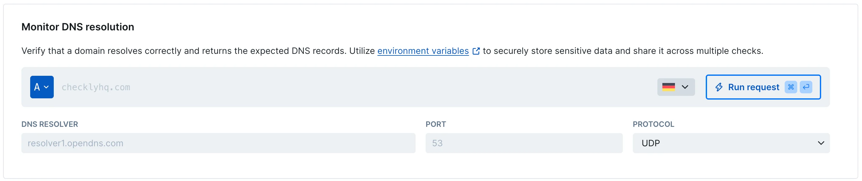 DNS monitor setup interface showing domain, record type, dns server and protocol