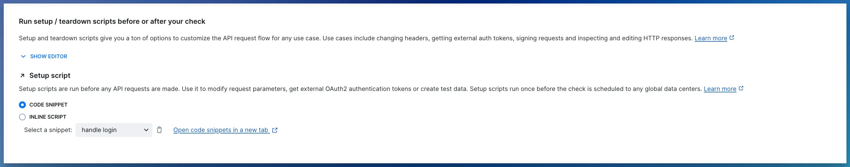 setup and teardown script for http requests with snippets