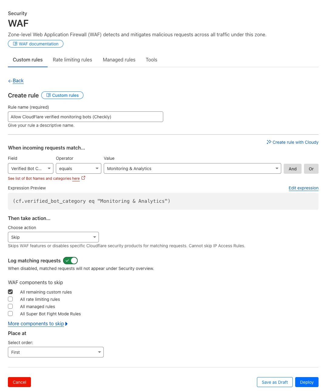 CloudFlare verified bot WAF rule