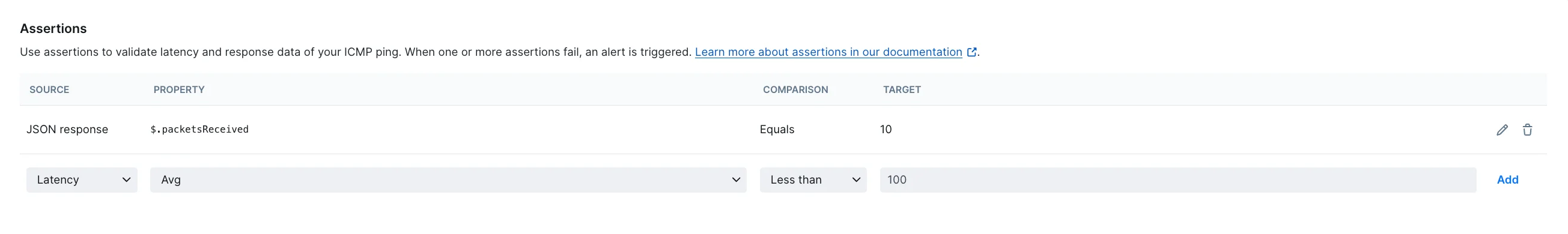 ICMP monitor assertion example for latency and JSON response