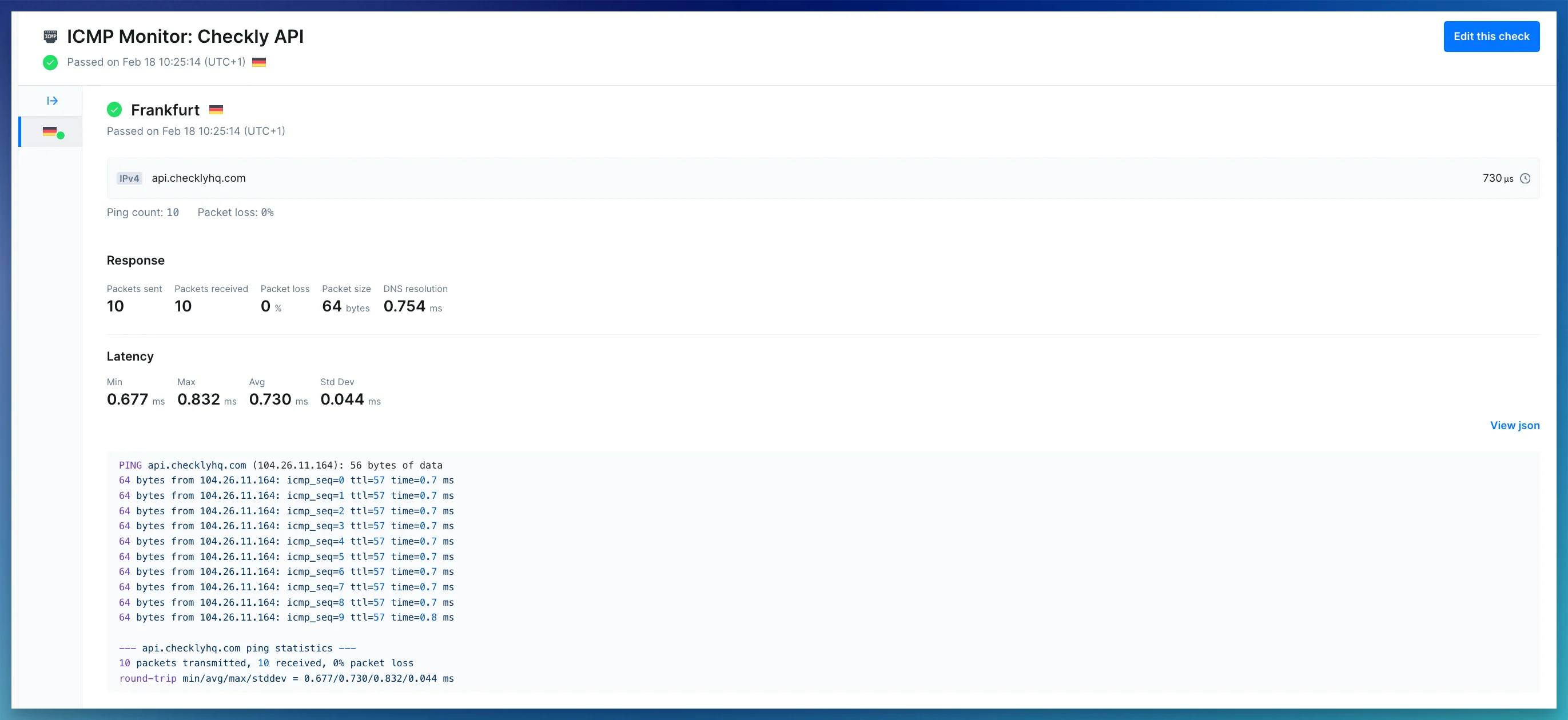 ICMP monitor results page