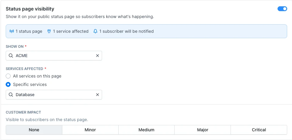 Status page visibility settings on a maintenance window