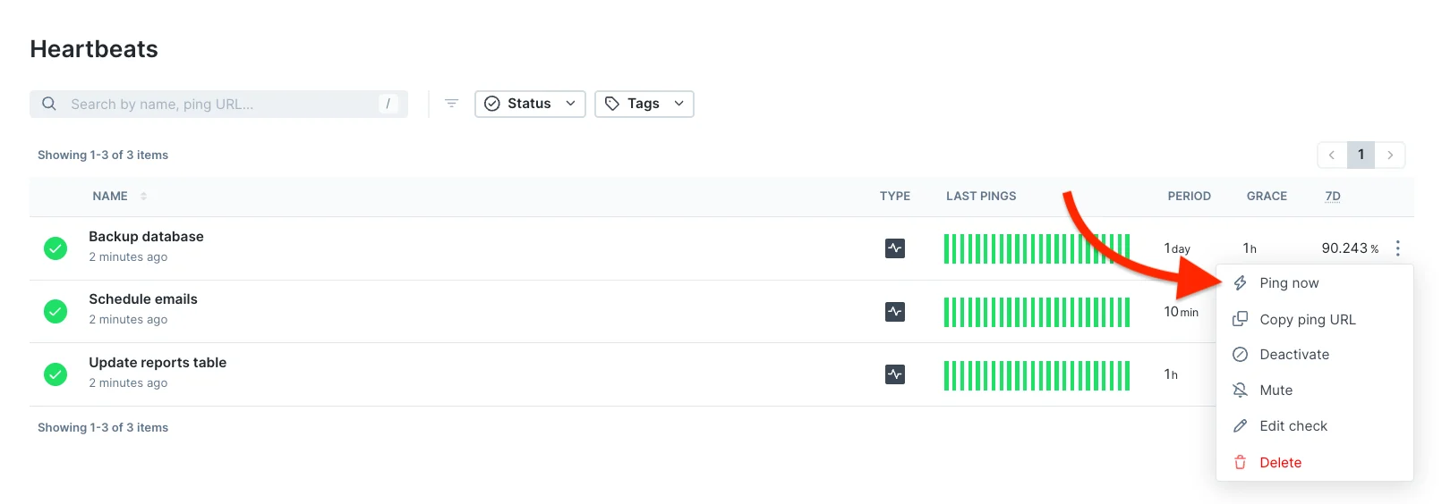 Quick ping option in the heartbeat monitors list view