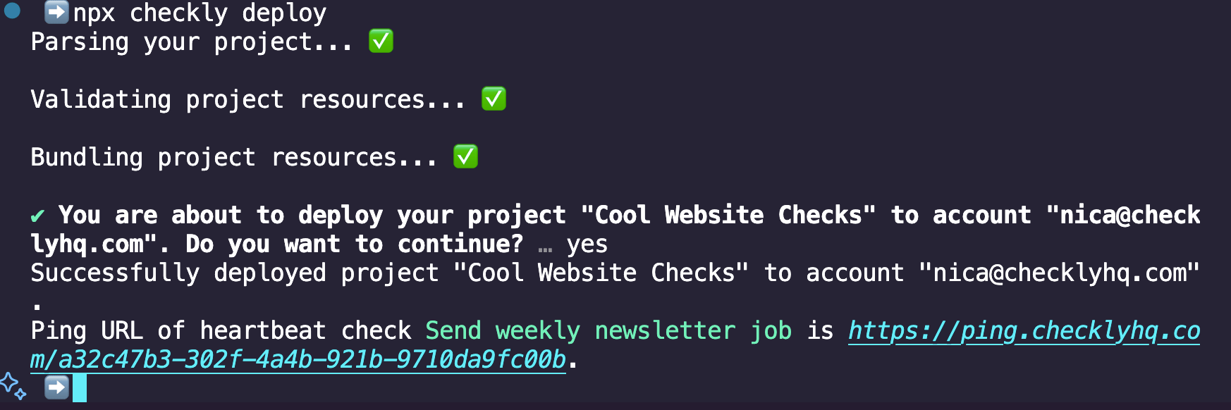 The Checkly deploy command returning to the CLI