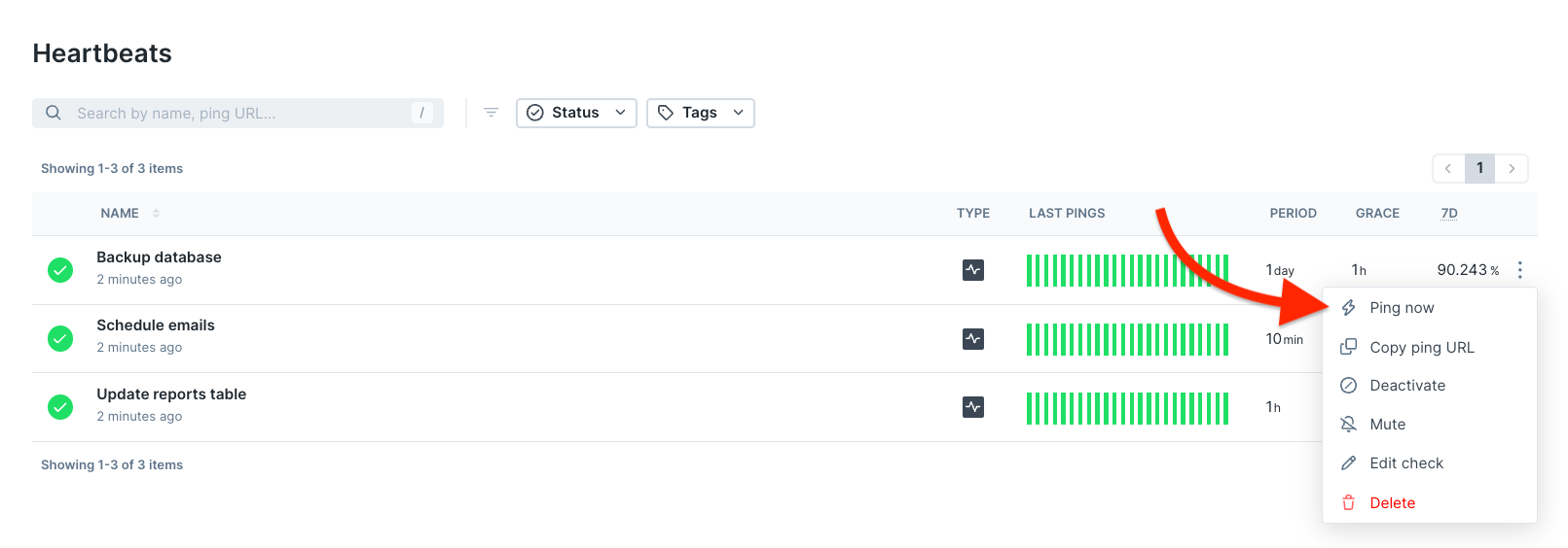 Quick ping option in the heartbeat monitors list view