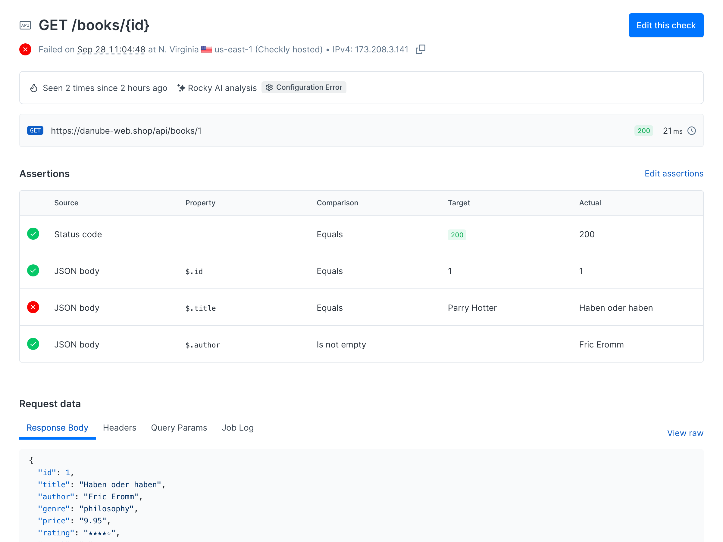 A failed GET /books/{id} check result in a Checkly test session, with the assertion JSON body property $.title equals target Parry Hotter marked as failed and the received value Haben oder haben
