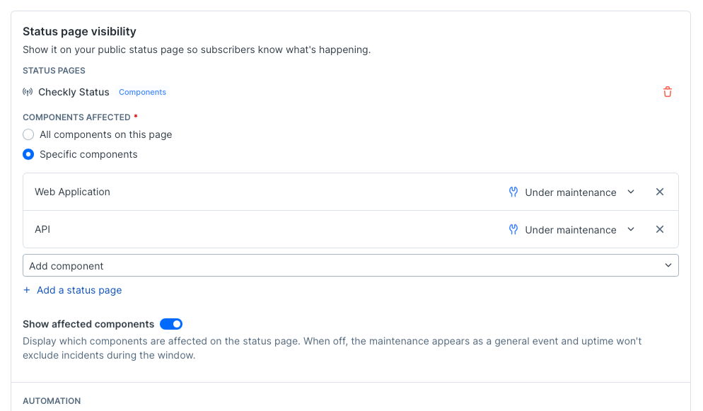 Status page visibility settings on a maintenance window