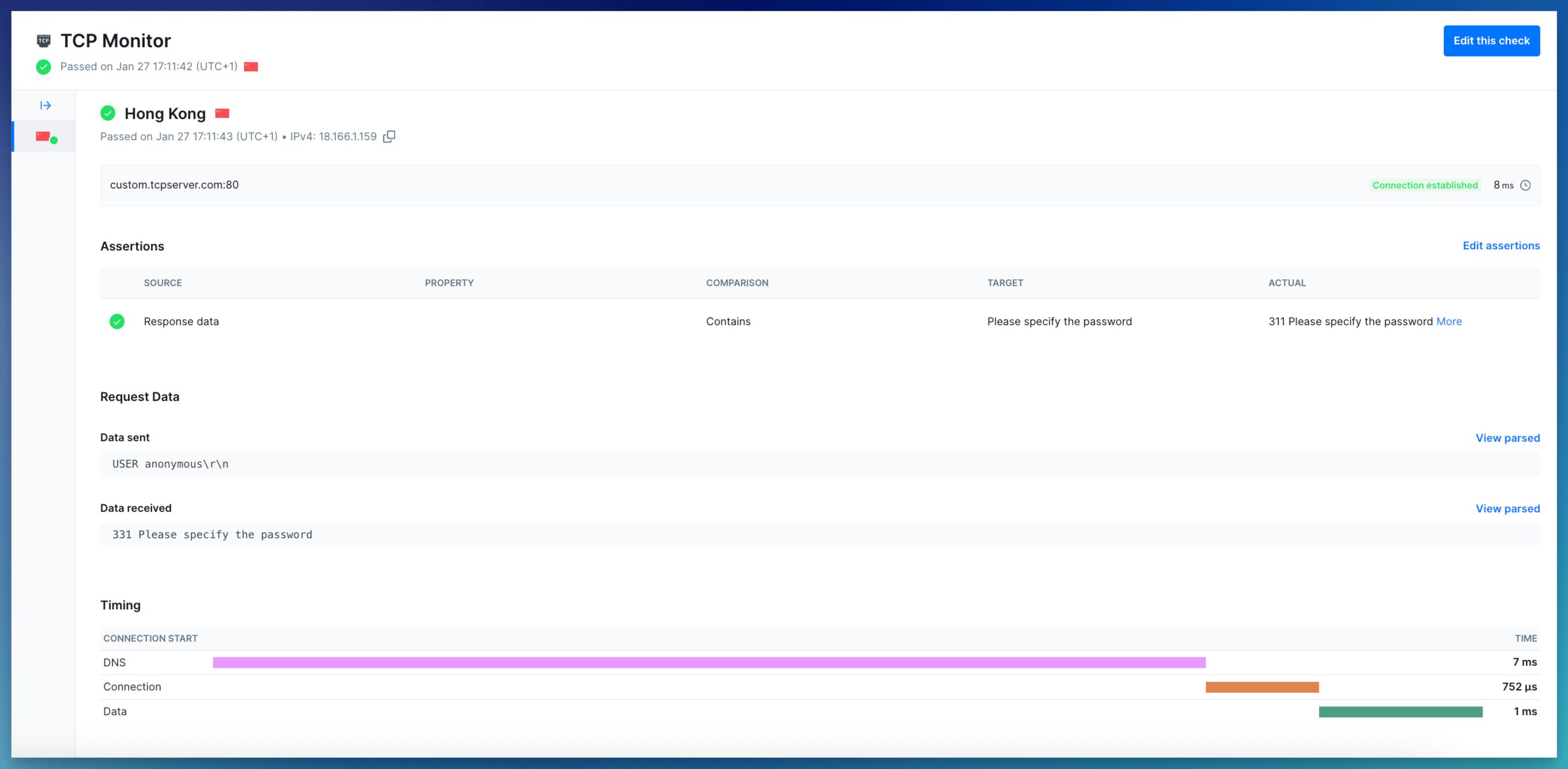 TCP monitor results page