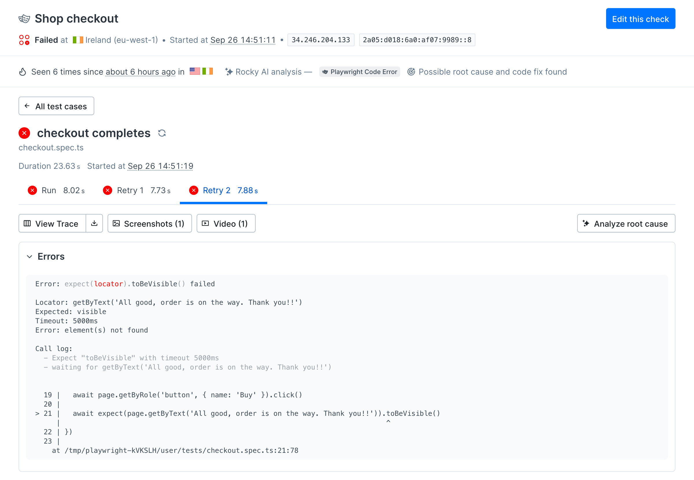 The failed Shop checkout result in Checkly with the Run, Retry 1, and Retry 2 tabs, the View Trace, Screenshots, Video, and Analyze root cause buttons, and the Playwright error with line 21 highlighted